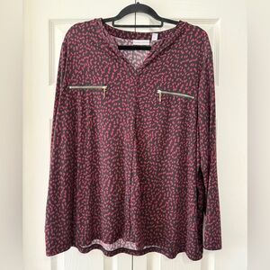 Susan Graver 2X Burgundy Red & Black Print Liquid Knit Top Zip Pocket Tunic